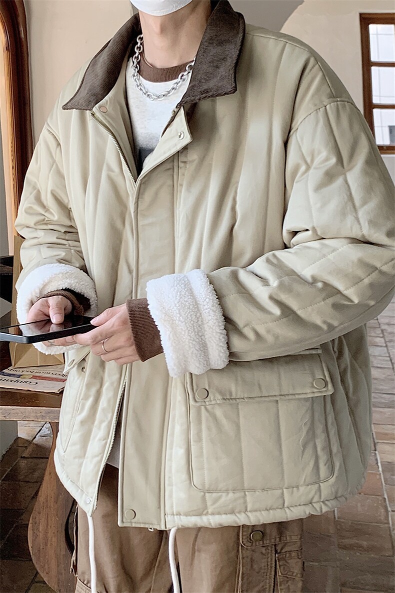 港风撞色灯芯绒拼接领棉衣外套女羊羔绒情侣加厚棉服G1070P128,男装棉衣,电商A339