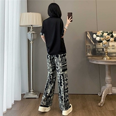 时尚减龄套装女夏季新款宽松显瘦圆领印花侧边拉链短袖长裤两件套，女装套装/套裙，江南