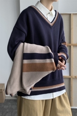 秋冬港风加厚针织衫V领长袖毛衣JKDK宽松制服男女学院风W08/P65，男装针织衫/毛衣，钱塘713