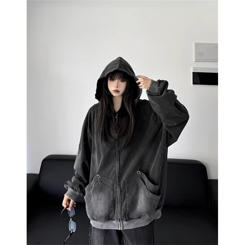 美式复古水洗做旧连帽拉链卫衣男女2025秋季新款宽松百搭外套上衣图片