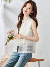 刺绣单排扣马甲2025年夏季薄款百搭拼接绣花上衣马甲，女装马甲，新依时派