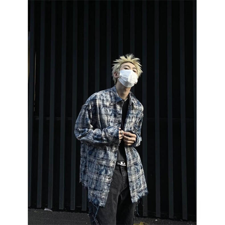 秋冬季文艺扎染痞帅格子长袖宽松型衬衫-CS051-网络图,男装衬衫,星座1002-2