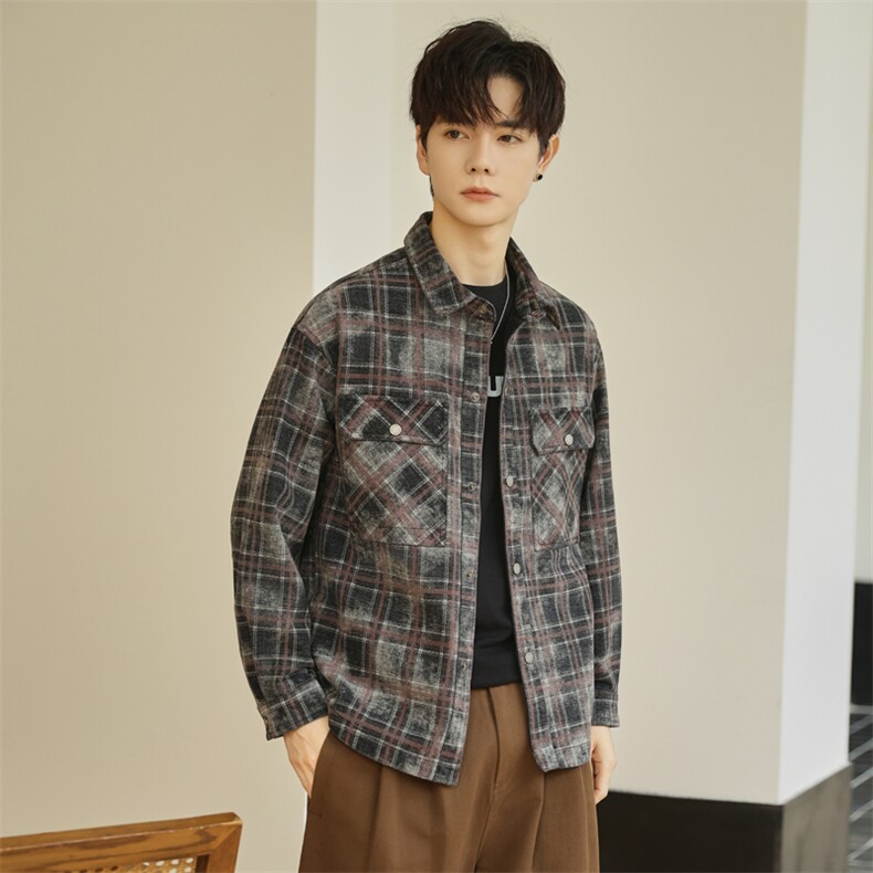 B3533319P105红秋季新款男士厚款格子衬衫夹克韩版外套男,男装夹克,电商B353