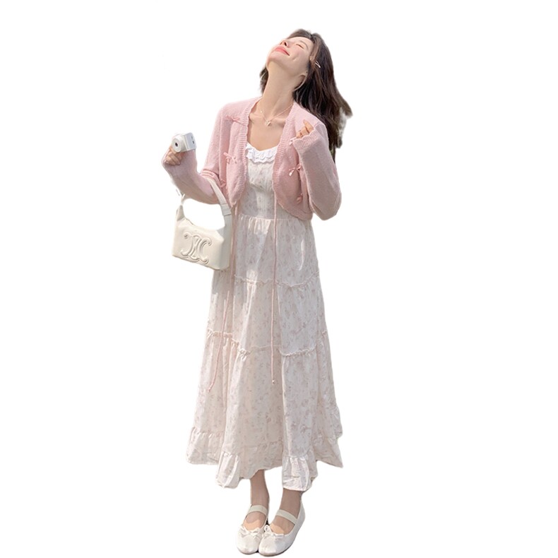 法式小清新碎花连衣裙套装女2025夏新款甜美减龄开衫吊带裙两件套,女装套装/套裙,2C176