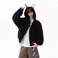秋冬季美式兔耳连帽卫衣柳钉重磅潮牌加厚设计感情侣外套W29P58，女装短外套，电商D315