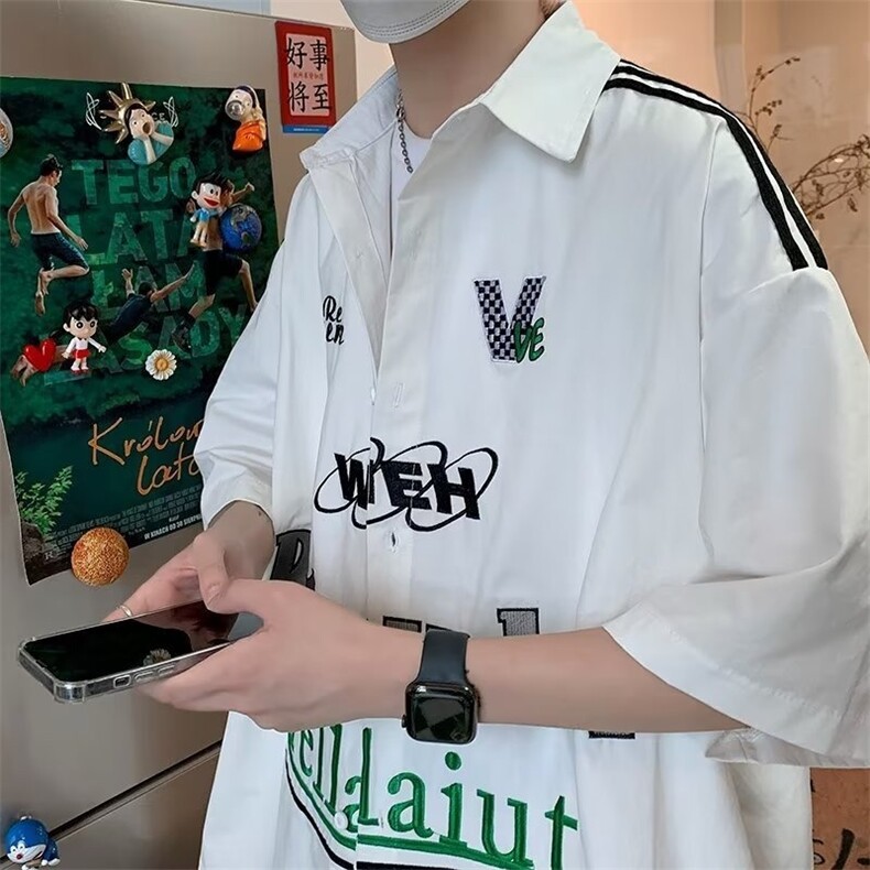 新款美式街头字母印花短袖衬衫男宽松休闲小众衬衣YSSQ2216-37,男装T恤,星座208-5