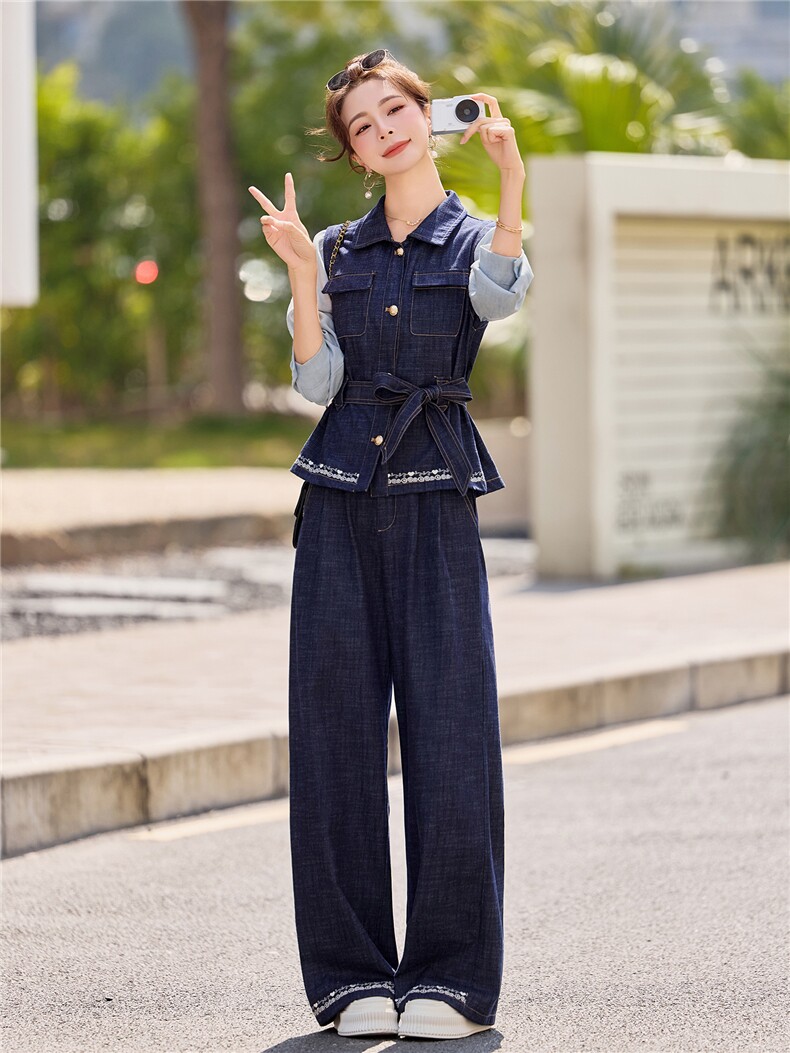 2026年老钱风春季假两件撞色牛仔显瘦阔腿裤套装,女装套装/套裙,E百度