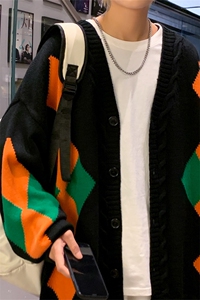 拼接撞色开衫毛衣男生春秋季叠穿针织衫外套休闲潮牌宽松大码线衣图片