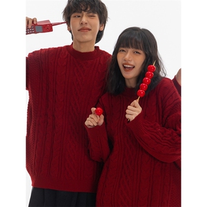 1506/Q23480/P53新年情侣装红色毛衣费尔岛跨年慵懒风红毛衣图片