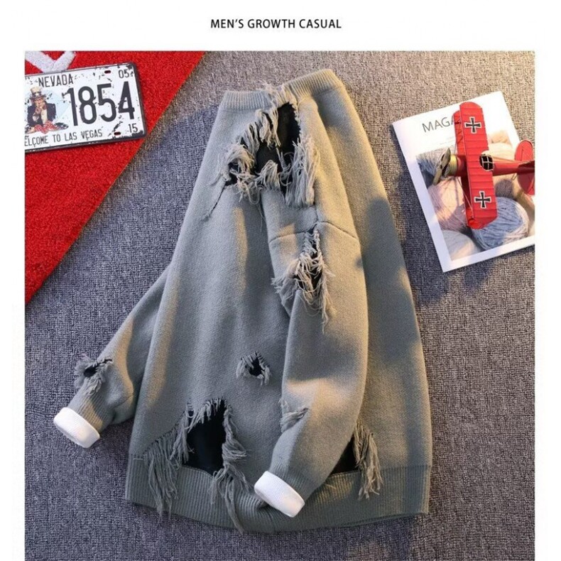 MM481-P54美式高街潮牌破洞圆领宽松百搭休闲毛衣,男装针织衫/毛衣,星座617A-2