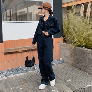 高级小众复古美式牛仔短款上衣套装女春秋季超火好看阔腿裤两件套图片