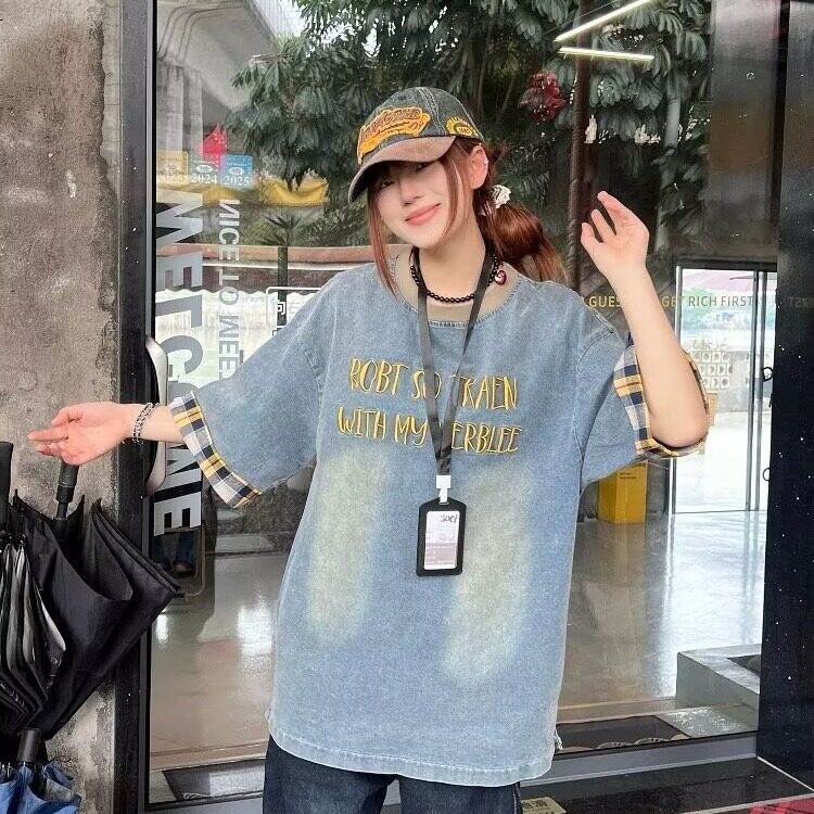 字母刺绣牛仔短袖T恤女夏季美式高街做旧格子拼接设计感新款,男装T恤,星座506A