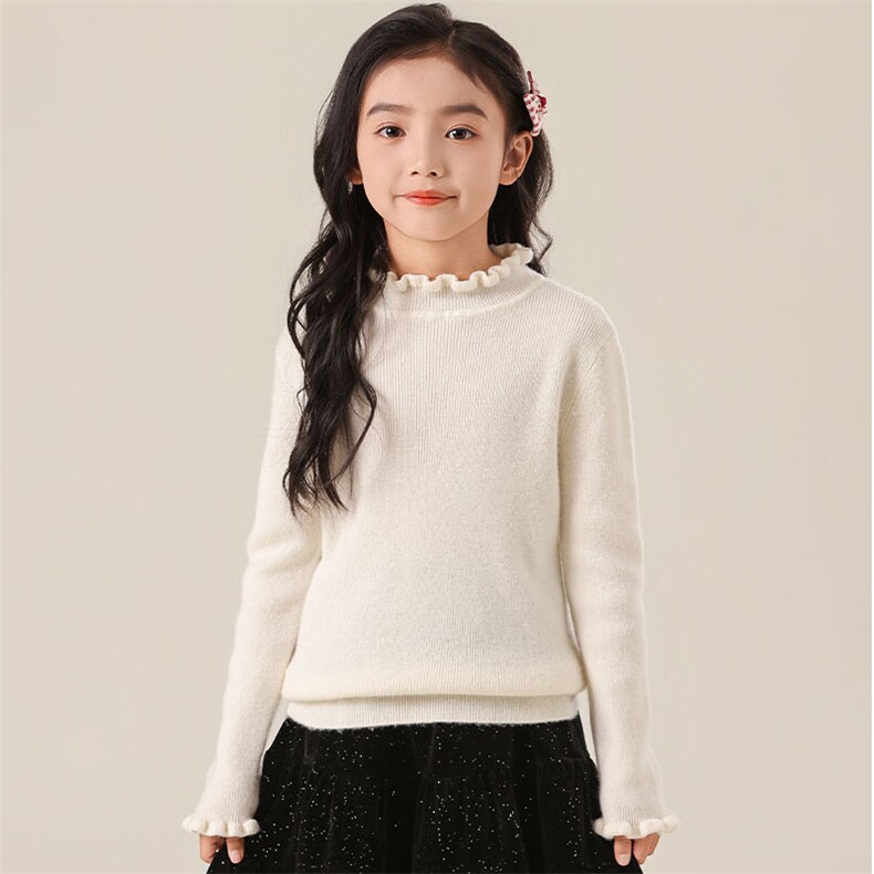 新款女童羊绒衫秋冬保暖木耳边长袖毛衣时尚百搭舒适上衣，童装儿童羊绒衫，群鹿羊绒