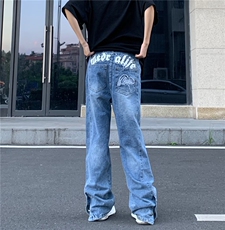 美式复古子母刺绣裤脚排扣牛仔裤男女vibe高街夏季直筒BK76-P68，男装牛仔裤，星座1109-3