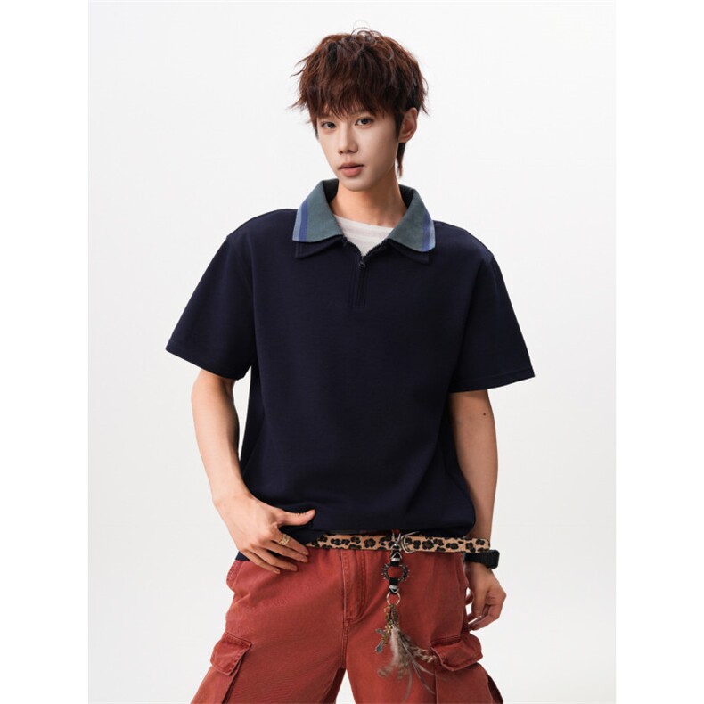 M-8XL美式复古撞色拼接polo衫半拉链短袖t恤大码宽松DX1227/特P40，男装T恤，电商B238