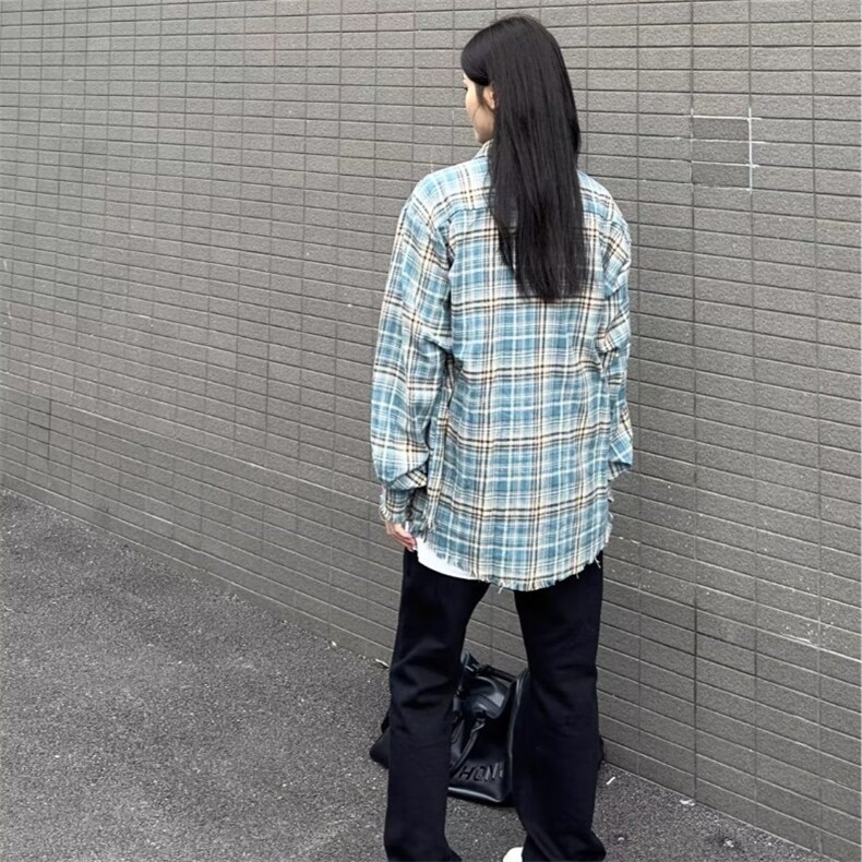 美式复古流苏破坏蓝色格子衬衫春秋毛边男女衬衣外套内搭青少年,男装衬衫,星座506A