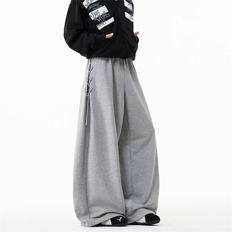 美式绑带设计运动卫裤男女冬重磅hiphop微喇长裤复古宽松阔腿裤子图片