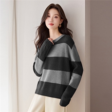 100%细羊毛慵懒针织衫春秋打底长袖女条纹大码宽松亲肤蝙蝠袖毛衣，女装羊毛衫，艾米