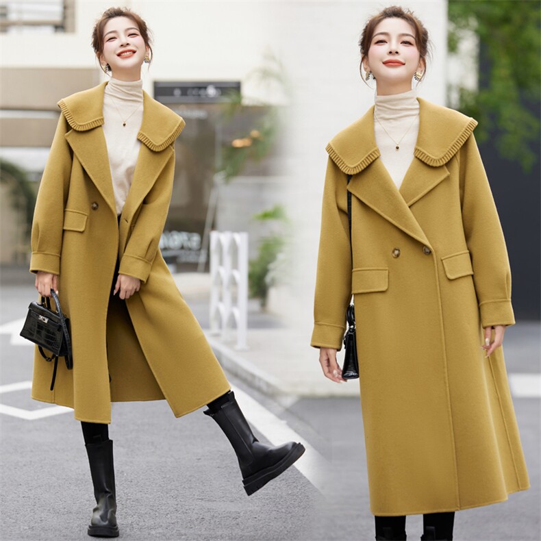 娃娃领双面羊毛大衣女2025春秋爆款高级感洋气流行长款羊毛呢外套,女装双面呢大衣,辉煌依升