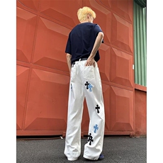 白色破洞直筒牛仔裤男夏季新款十字皮标高腰宽松显瘦阔腿拖地裤子，男装皮裤，星座813-2