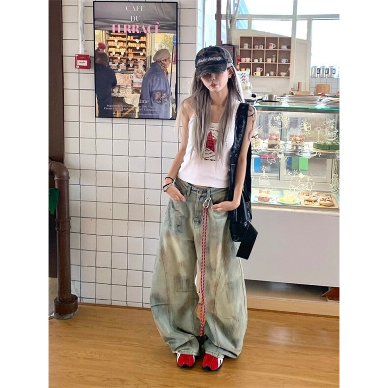 美式复古脏染做旧解构弯刀牛仔裤女新款宽松阔腿长裤NZ1450-P50,男装牛仔裤,星座308B-2