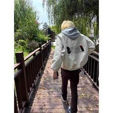 秋季新款字母印花毛呢学生情侣宽松飞行员棒球服夹克外套男女，男装夹克，星座601-1