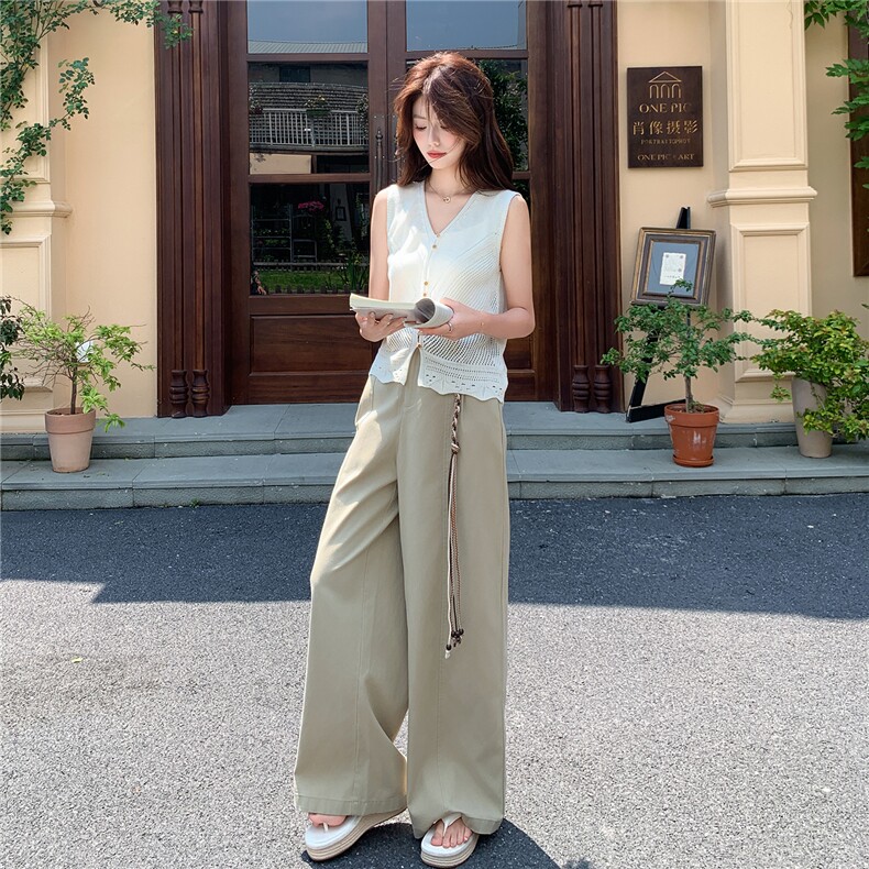 2026针织上衣+设计感杏色高腰阔腿裤女夏版型超好宽松垂感套装,女装套装/套裙,艾米莉亚