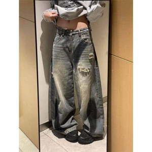 弯刀阔腿拼接解构破洞喷绘做旧牛仔裤男女宽松垂感裤LXK80944-p58图片