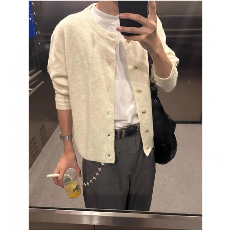 1506-1/MMY061/P58美式复古休闲慵懒风V领针织衫男纯色外套图片