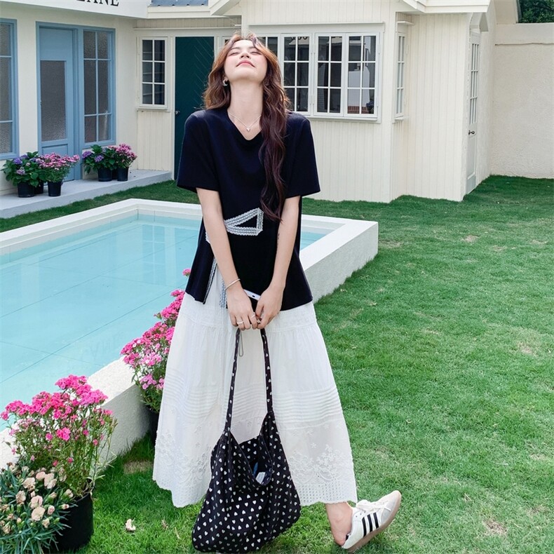 韩系穿搭一整套女2025夏季新款时尚气质蝴蝶结短袖上衣半身裙套装,女装半身裙,2D014
