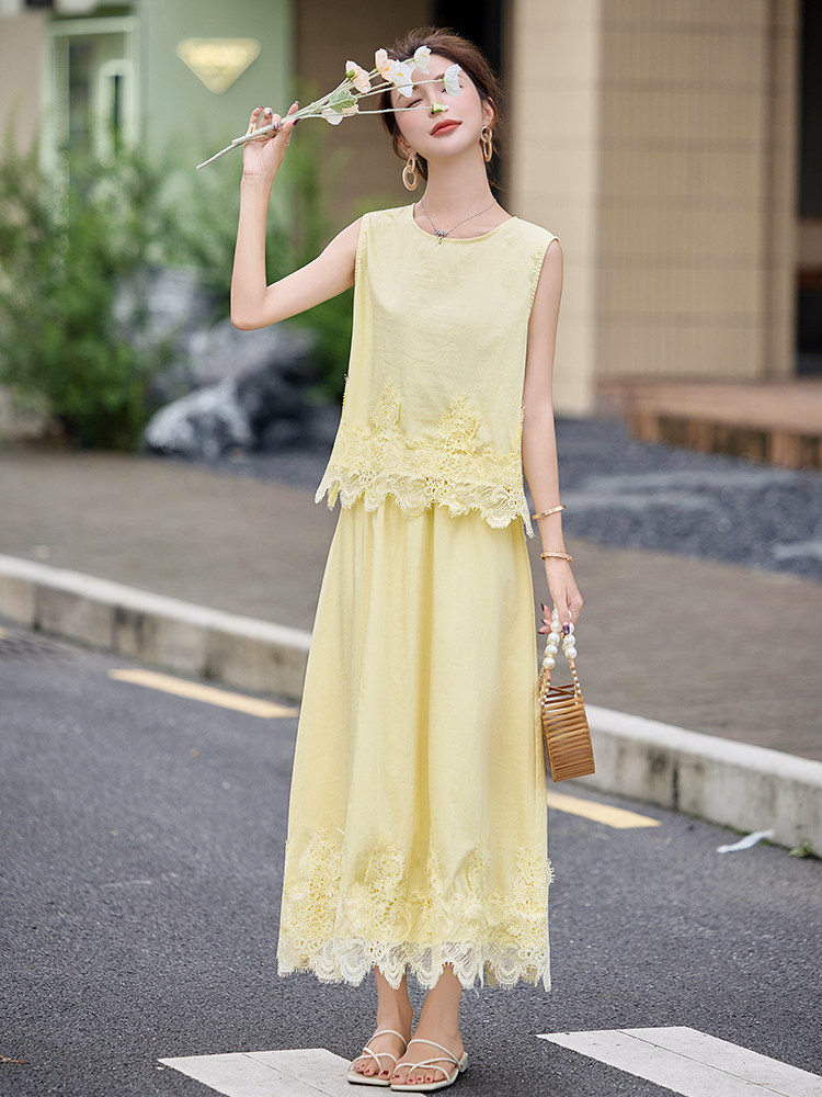 套装裙2025夏日新款绝美独特漂亮韩里韩气小香风蕾丝无袖两件套女,女装套装/套裙,韩蜜菓