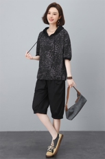 连帽卫衣套装女2025夏季新款时尚中老年妈妈半袖豹纹休闲裤两件套，女装套装/套裙，涵誉