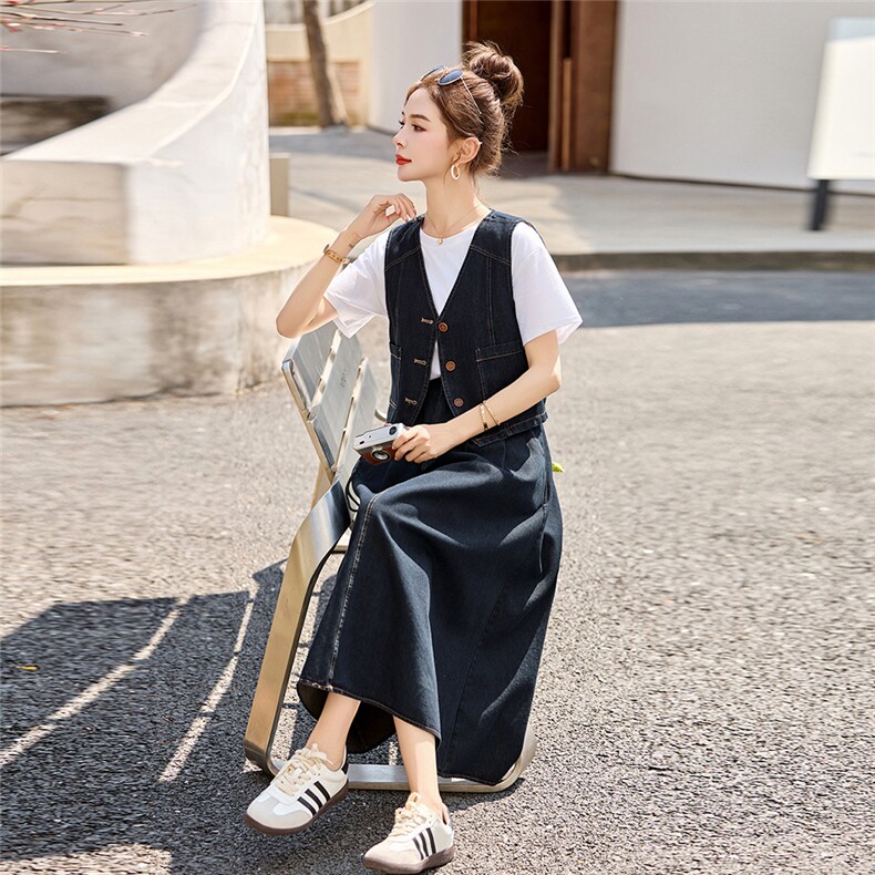 牛仔套装裙女春季2025新款宽松马甲长袖衬衫短袖T半身裙三件套,女装套装/套裙,秀美人生