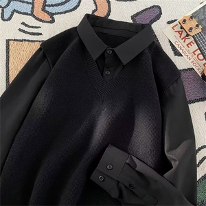 假两件衬衫男长袖衬衣男士秋季上衣学院风外套衣服内搭针织衫毛衣图片