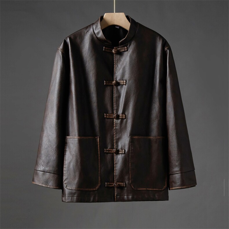 新中式休闲PU皮小众设计感外套盘扣手工擦皮工艺大码唐装JK205，男装民族服装，星座305A（原312A-1）