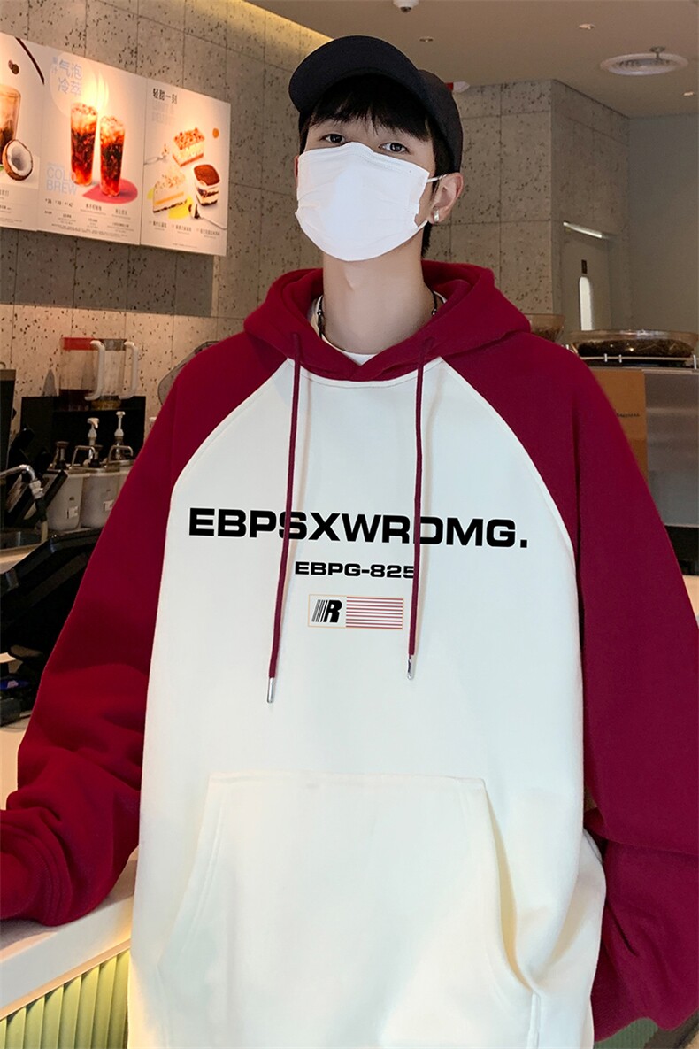 2025港风咖啡厅春款撞色插肩袖连帽卫衣WY653P58控78,男装卫衣,电商A247