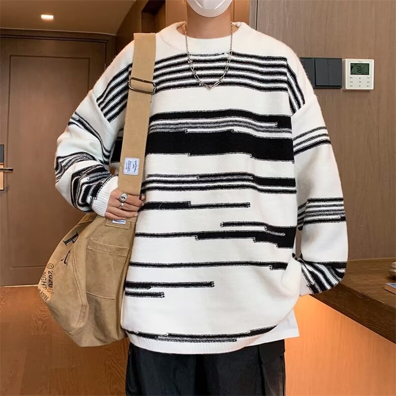 白色不规则条纹毛衣女秋冬慵懒风设计感小众针织衫MA339P68,男装针织衫/毛衣,星座1116-2