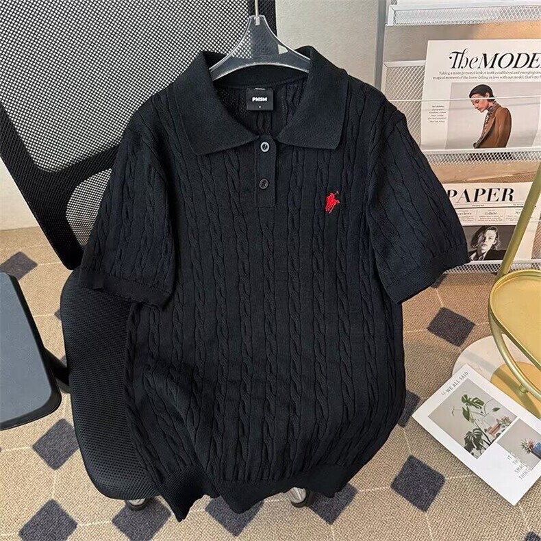 刺绣绞花针织Polo衫短袖男夏美式老钱风正肩T恤翻领半袖MZ792-P49图片