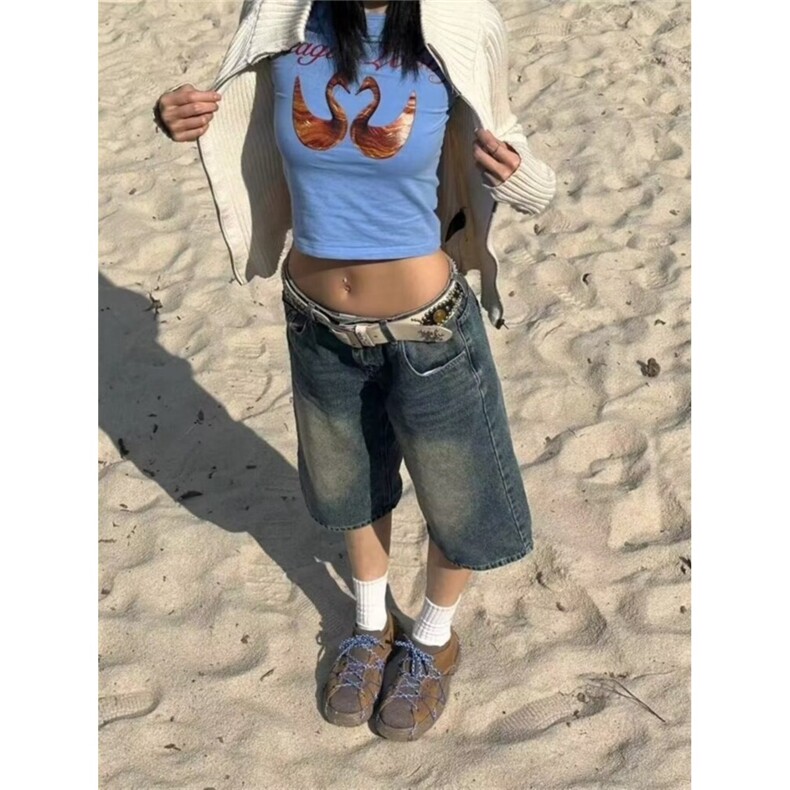 美式复古牛仔短裤五分裤女夏季辣妹低腰直筒宽松水洗七分裤中裤潮,男装牛仔裤,星座506A