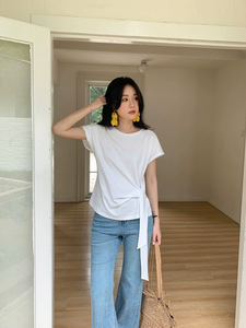 夏季气质不规则设计感绑带收腰显瘦T恤短袖图片