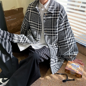 港风宽松男风衣外套韩版潮休闲格子男夹克 A071-1011-P85图片