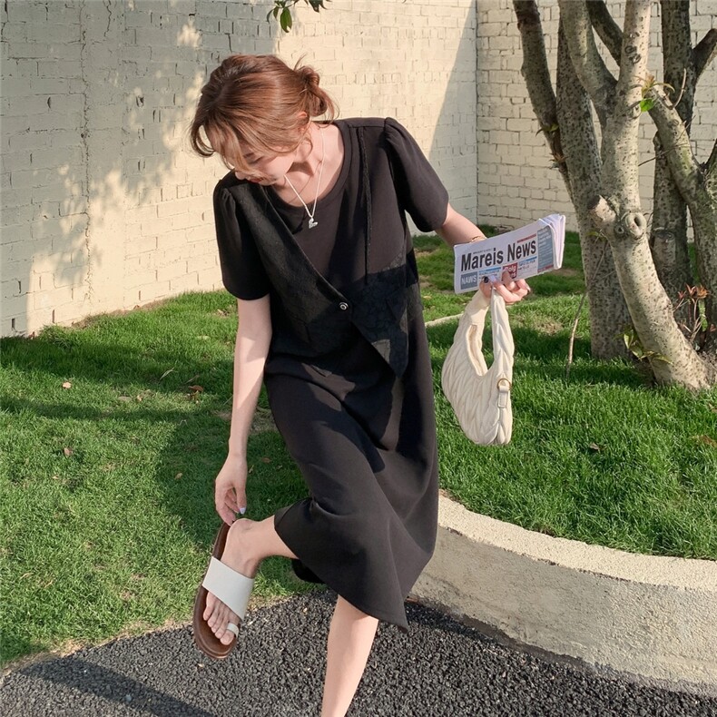韩版简约休闲宽松短袖连衣裙女2025夏显瘦百搭气质拼接直筒中长裙，女装连衣裙，浙宝208