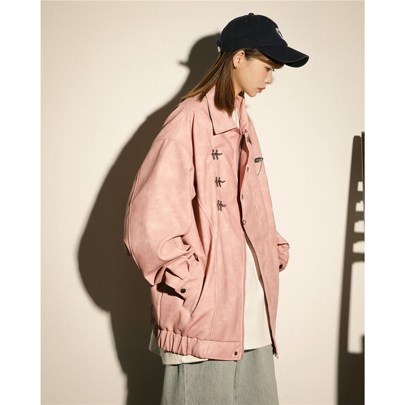 1抖音148大码M-5XL粉色皮衣宽松情侣女夹克男77083P105，女装皮衣，星座226-2