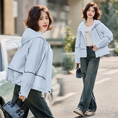 时尚拼色宽松连帽外套女短款2025春秋新款休闲百搭减龄上衣夹克潮，女装短外套，悦祺