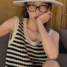 时尚女士纯棉条纹镂空背心舒适透气显瘦设计适合夏季穿搭，女装马甲，洁纯羊绒