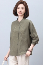 棉麻衬衫女2025新款春秋宽松大码中老年休闲亚麻刺绣上衣，女装衬衫，忆绮罗