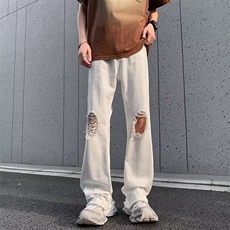 毛边破洞牛仔裤夏季vibe裤子设计感美式高街直筒乞丐裤62288-p40，男装牛仔裤，星座1008