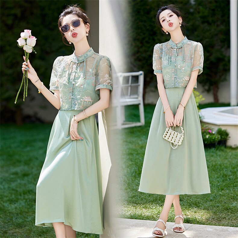 现货新中式刺绣吊带连衣裙女夏季2024新款高级感修百搭身两件套，女装套装/套裙，然然