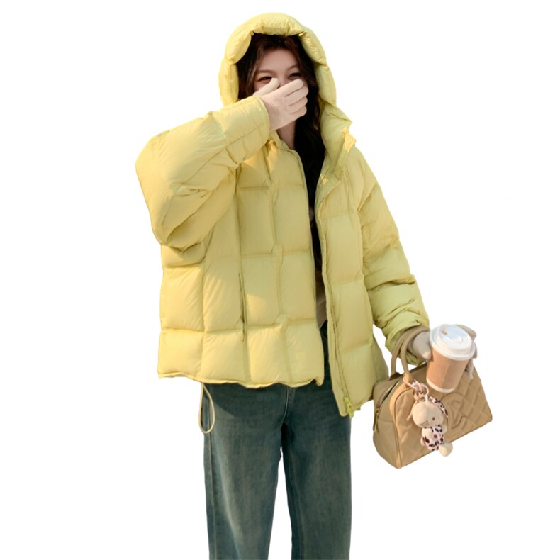 云朵泡芙羽绒服女2025冬季新款短款连帽宽松面包服黄色立领外套,女装羽绒服,2C177