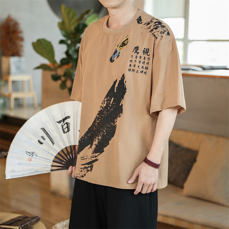 2021夏新风咖啡厅羽毛印花短袖宽松休闲透气亚麻T恤T1519-P30,男装T恤,电商A001